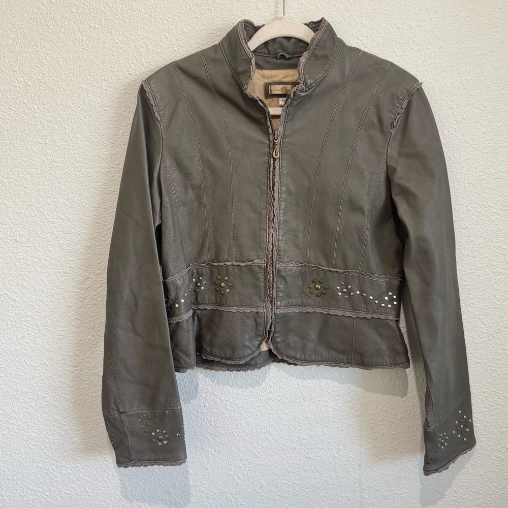 VTG 90s Wilson Grey Structured‎ Beaded Studs Boho Western Leather Cowgirl Jacket